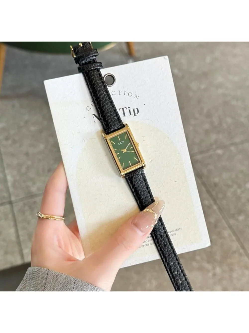Women's Black And Green Analog Ultra-Thin Rectangle Vintage Square Wrist Watch
